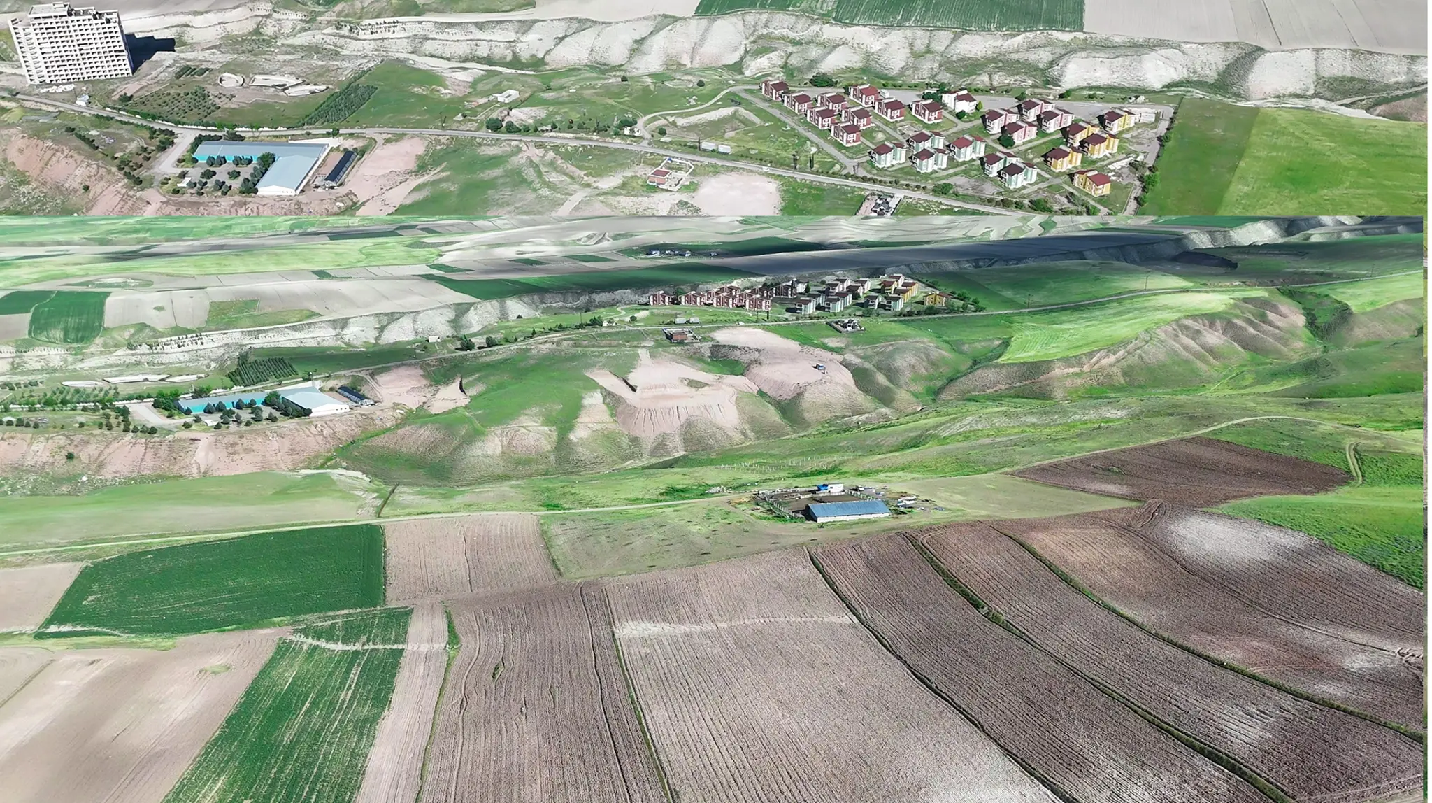Ankara Güdül'deki Aria Güneyce projesinin, başkente yakın konumunu ve termal bölgedeki yerleşimini gösteren genel drone görüntüsü.