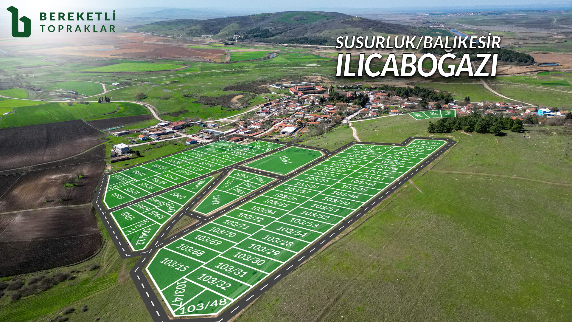 Panora Ilıcaboğazı projesinin, çevredeki vadiye bakan panoramik manzaraya sahip arsalarından birinin kuş bakışı fotoğrafı.